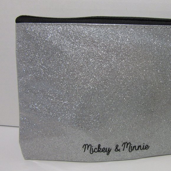 Disney Mickey Mouse Cosmetic Bag Silver Travel Pouch Glitter Case Makeup NWT - Picture 2 of 6